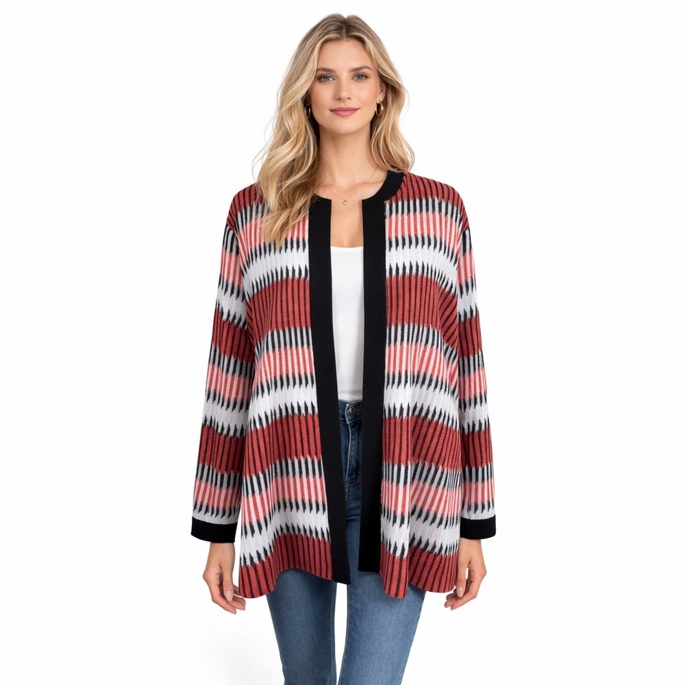 Misook Open Cardigan Orange Black Retro Stripe 3/4 Sleeves Topper Chic size XL